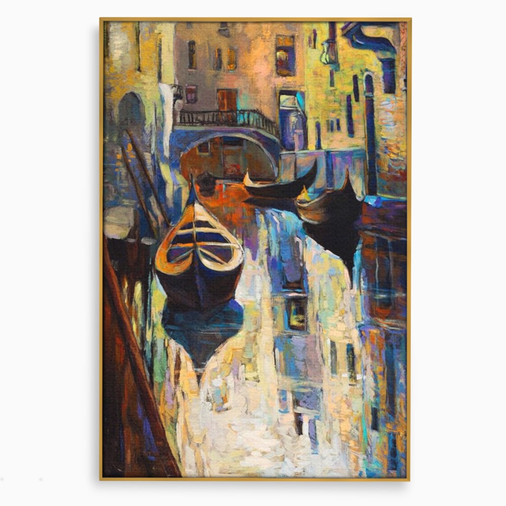 Tablou canvas cu pictura canvas cu gondole in venetia, in rama de aluminiu auriu