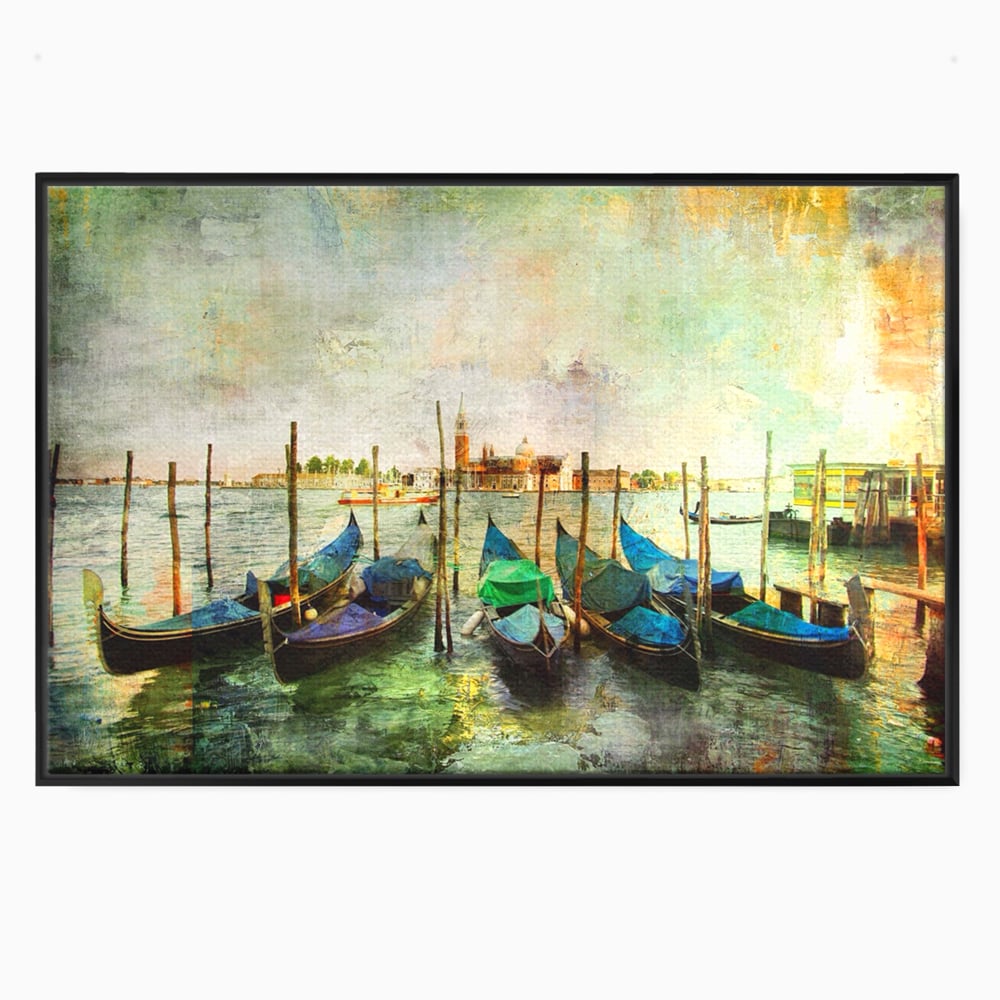 Tablou canvas cu pictura orizontala cu gondole in venetia, in rama de aluminiu negru