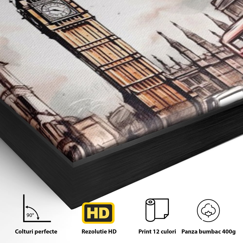 Detaliu al suprafetei: ilustratie urbana cu big ben si autobuz rosu, in rama de aluminiu negru