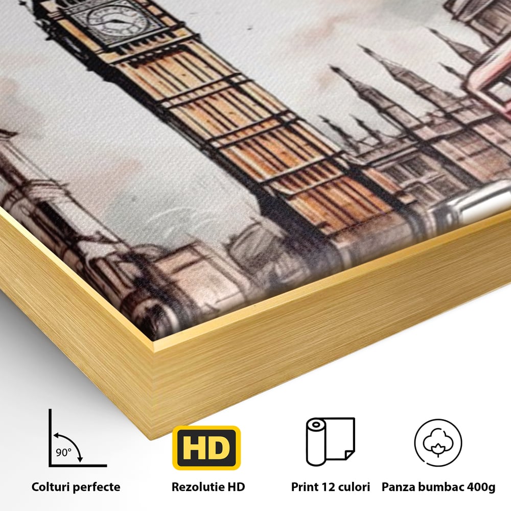 Detaliu al suprafetei: ilustratie urbana cu big ben si autobuz rosu, in rama de aluminiu auriu