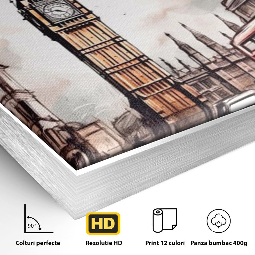Detaliu al suprafetei: ilustratie urbana cu big ben si autobuz rosu, in rama de aluminiu argintiu