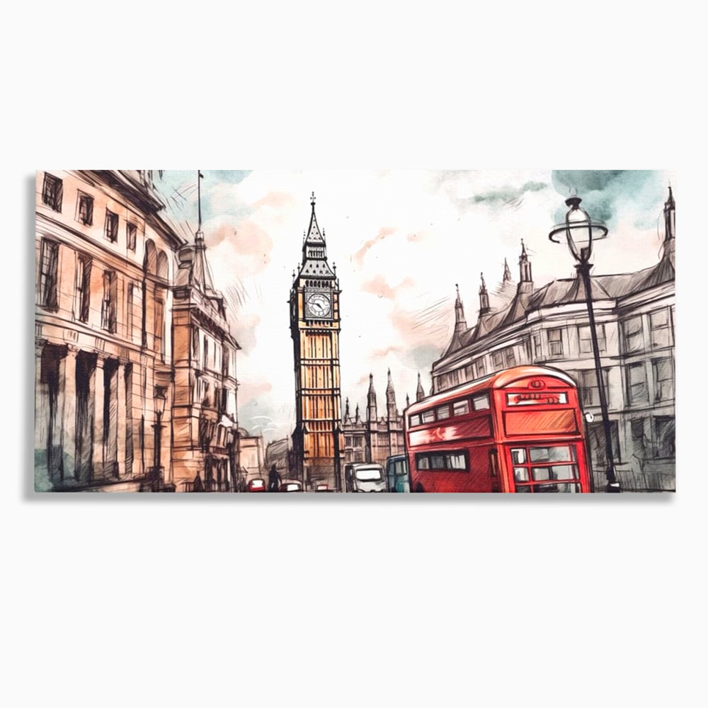 Tablou canvas cu ilustratie urbana cu big ben si autobuz rosu, fara rama, pe sasiu de lemn