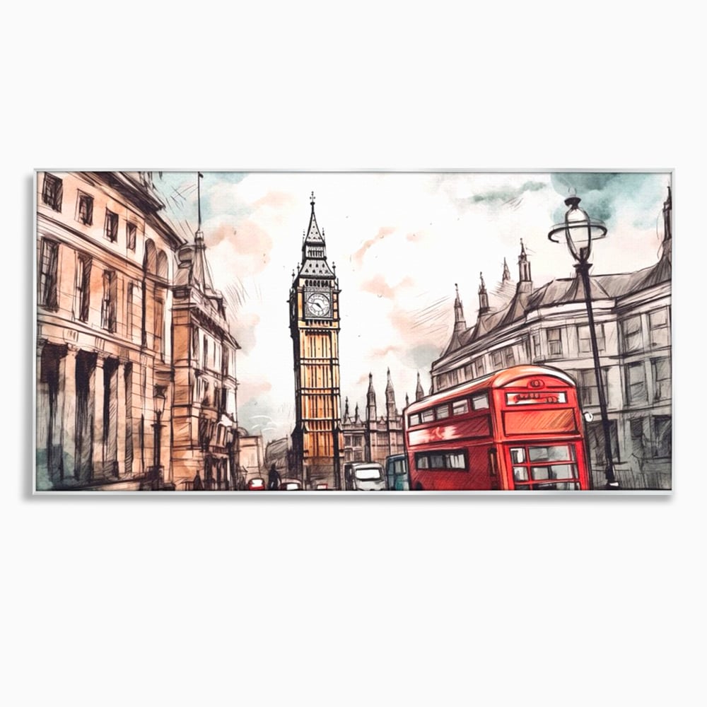 Tablou canvas cu ilustratie urbana cu big ben si autobuz rosu, in rama de aluminiu argintiu
