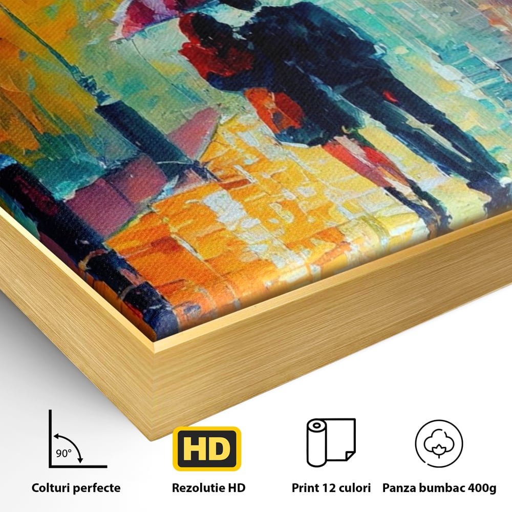 Detaliu al suprafetei: tablou canvas cu indragostiti in ploaie, in rama de aluminiu auriu