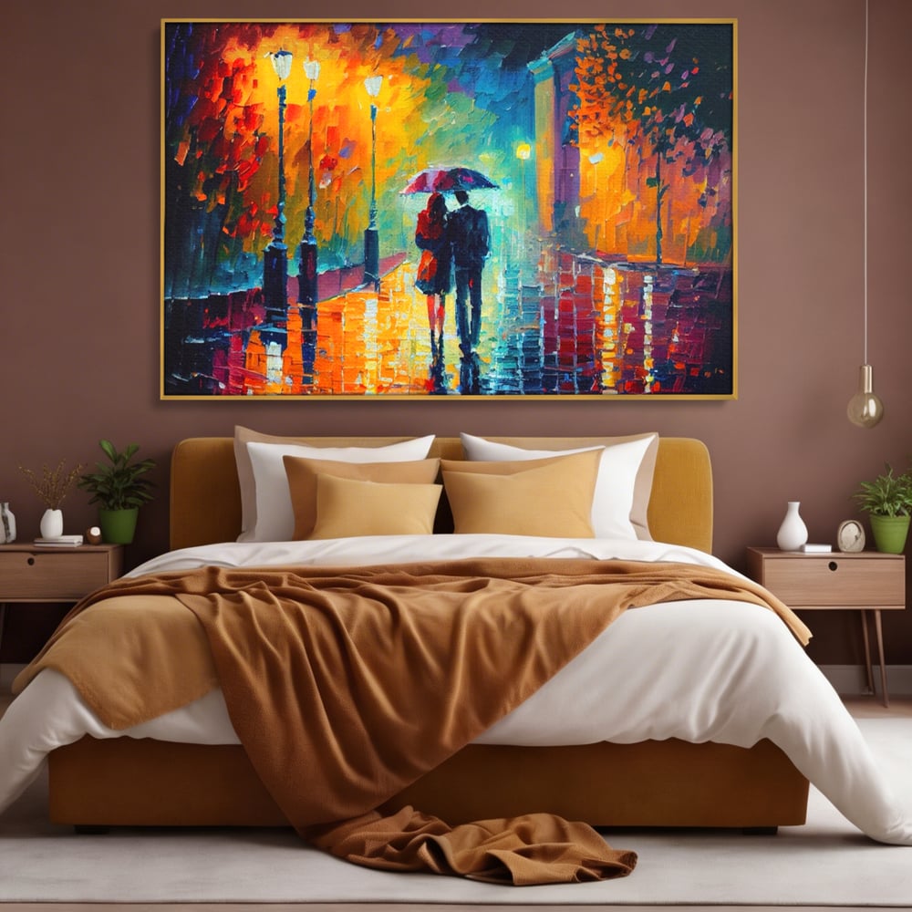 Tablou canvas cu tablou canvas cu indragostiti in ploaie, in rama de aluminiu auriu, pe perete intr-un dormitor