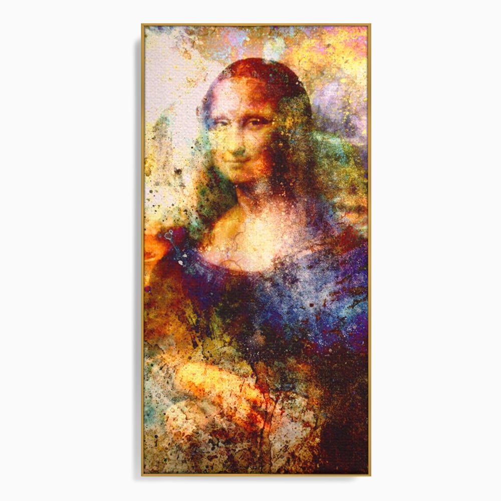 Tablou canvas cu tablou canvas cu mona lisa in culori vibrante, in rama de aluminiu auriu