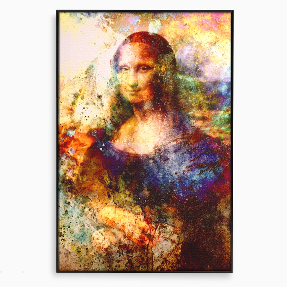 Tablou canvas cu tablou canvas cu mona lisa in culori vibrante, in rama de aluminiu negru