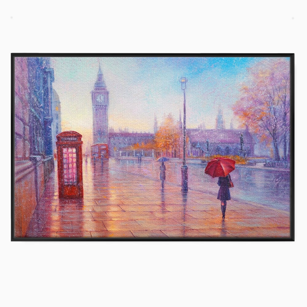 Tablou canvas cu pictura stradala cu ploaie in londra, in rama de aluminiu negru