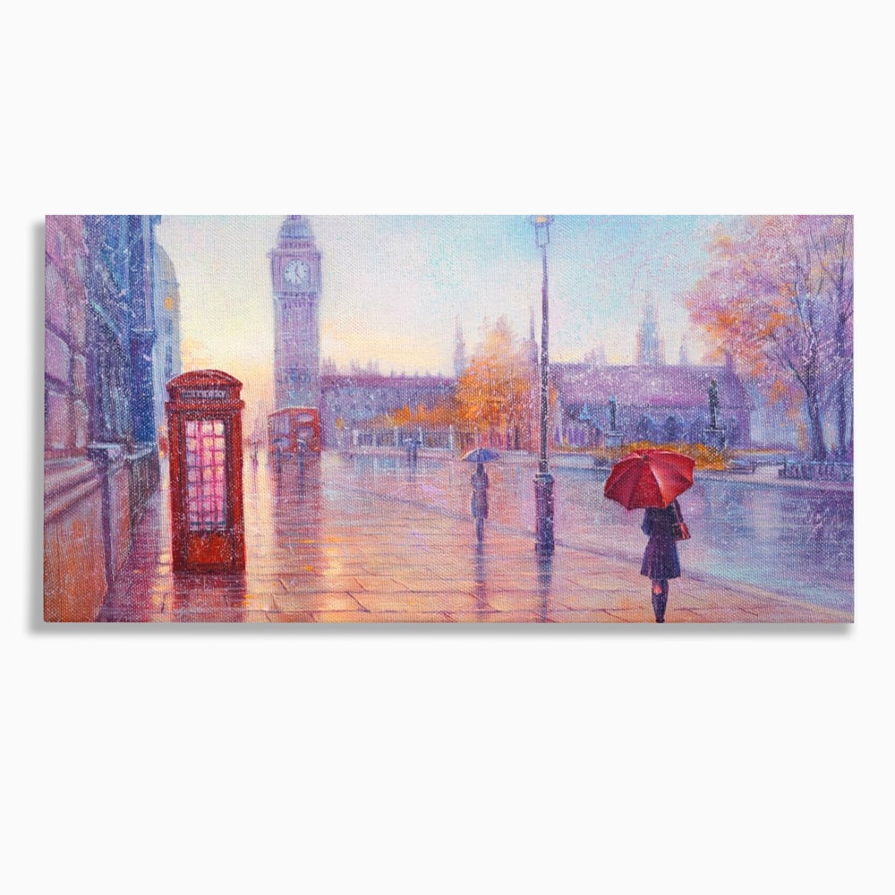 Tablou canvas cu pictura stradala cu ploaie in londra, fara rama, pe sasiu de lemn