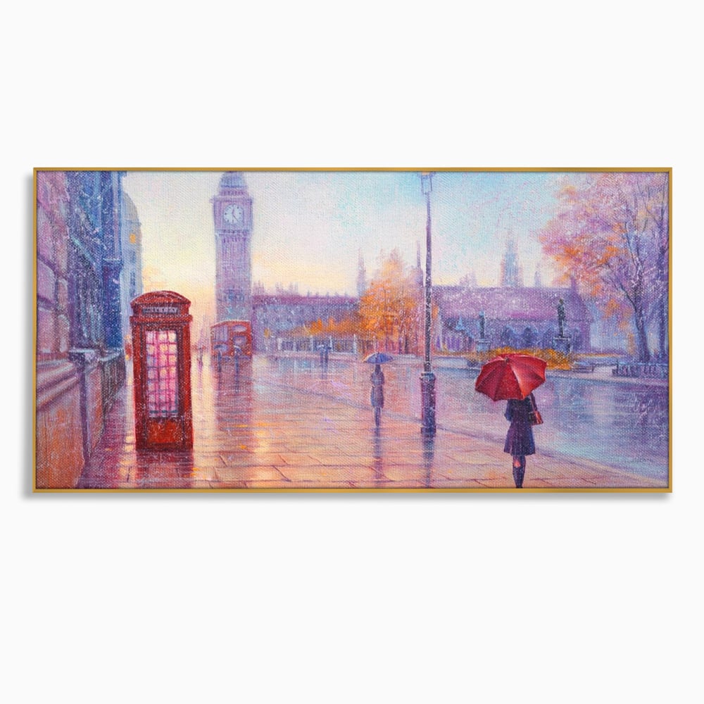 Tablou canvas cu pictura stradala cu ploaie in londra, in rama de aluminiu auriu