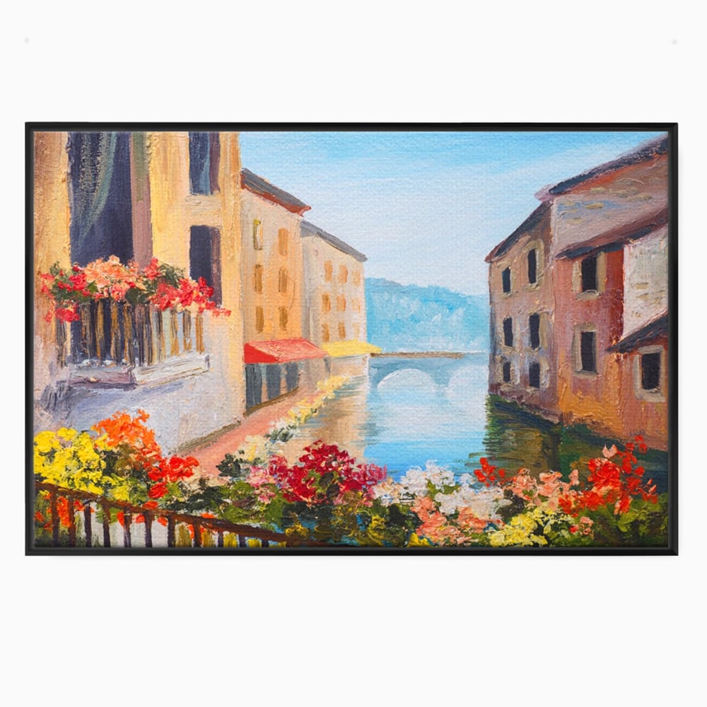 Tablou canvas cu pictura cu canal italian si flori, in rama de aluminiu negru