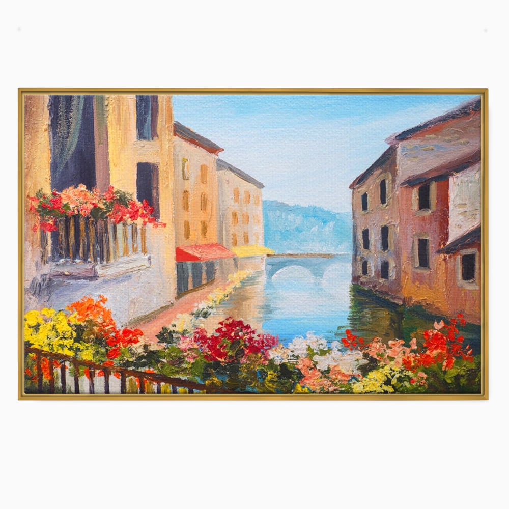 Tablou canvas cu pictura cu canal italian si flori, in rama de aluminiu auriu