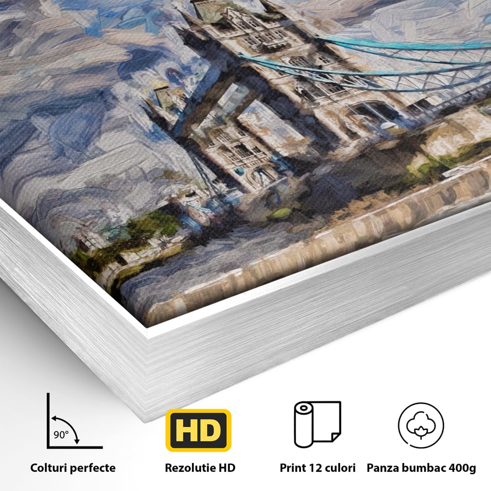 Detaliu al suprafetei: tablou canvas cu tower bridge si steagul marii britanii, in rama de aluminiu argintiu