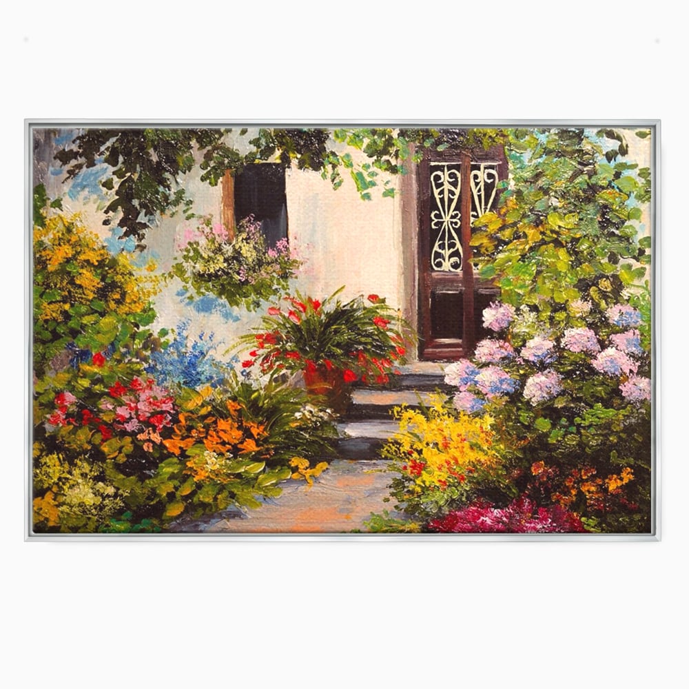 Tablou canvas cu tablou canvas cu alee florala si casa, in rama de aluminiu argintiu