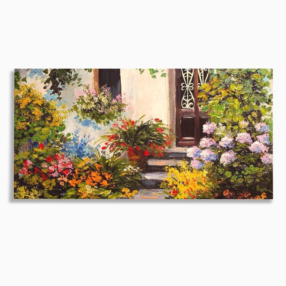 Tablou canvas cu tablou canvas cu alee florala si casa, fara rama, pe sasiu de lemn