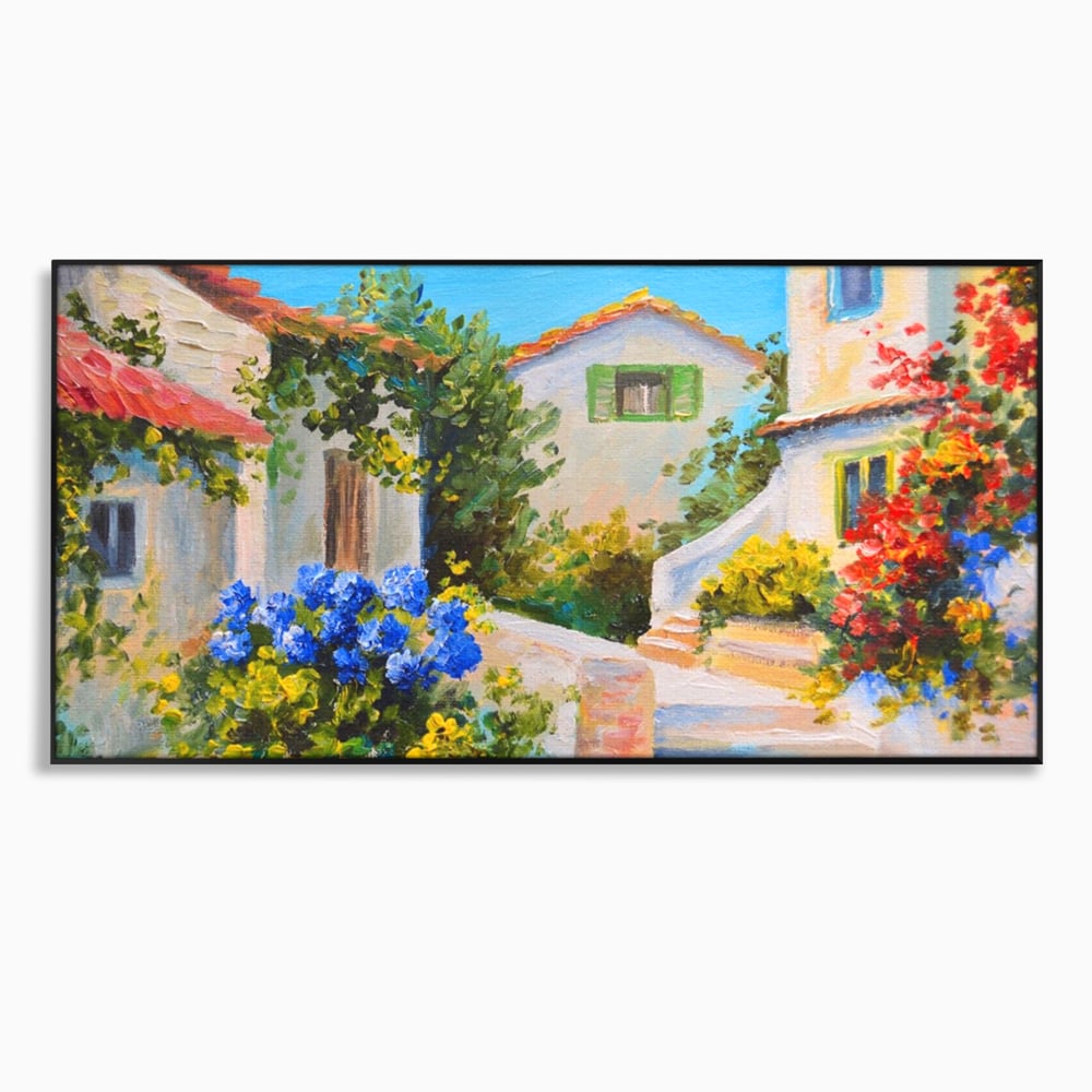 Tablou canvas cu pictura peisaj mediteranean cu case, in rama de aluminiu negru