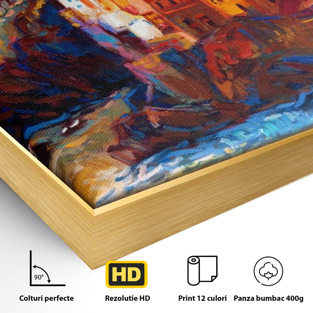 Detaliu al suprafetei: tablou canvas cu oras pe stanci, in rama de aluminiu auriu