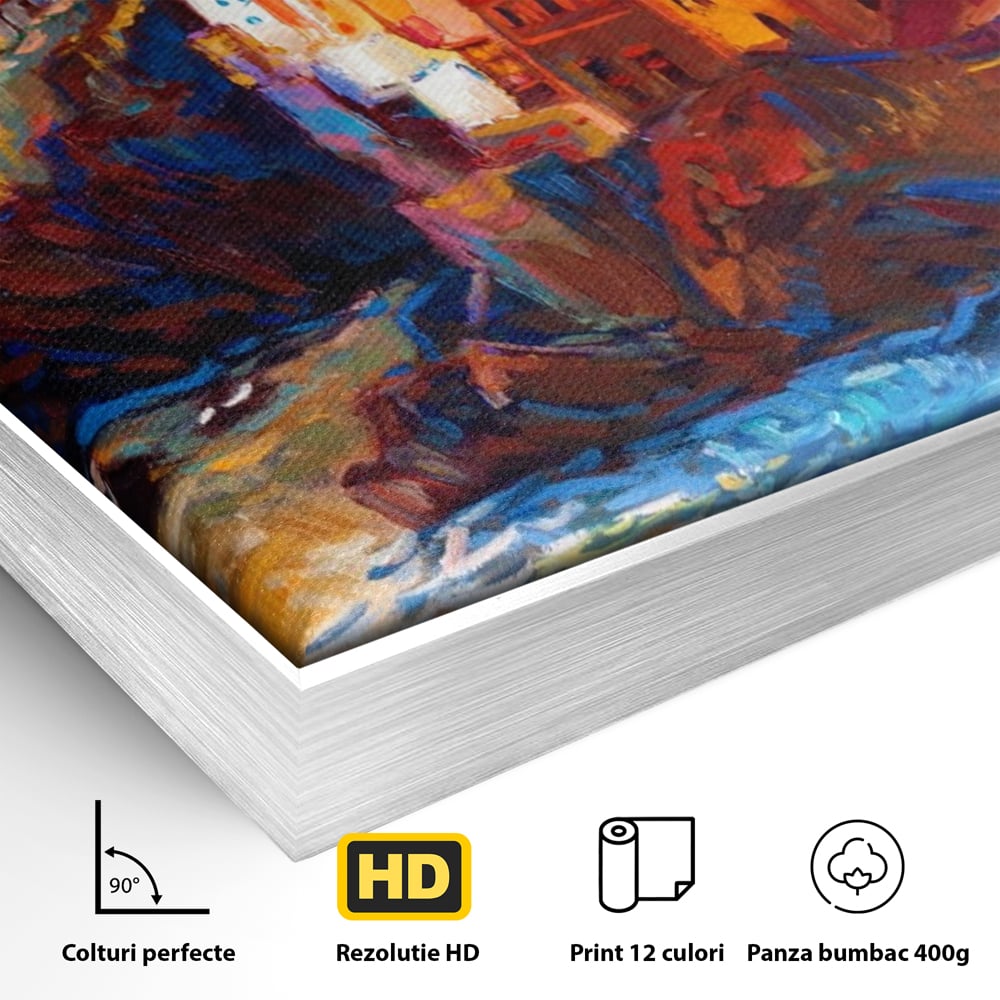 Detaliu al suprafetei: tablou canvas cu oras pe stanci, in rama de aluminiu argintiu