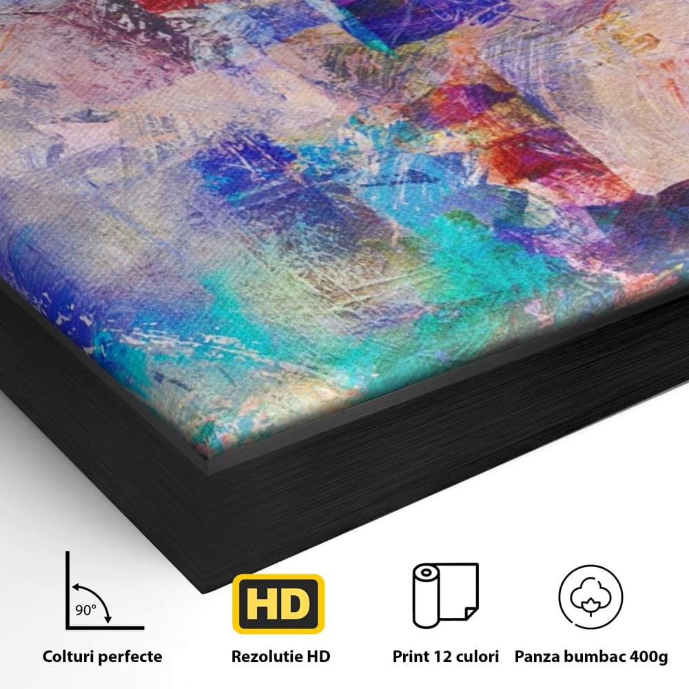 Detaliu al suprafetei: pictura abstracta cu pete colorate, in rama de aluminiu negru