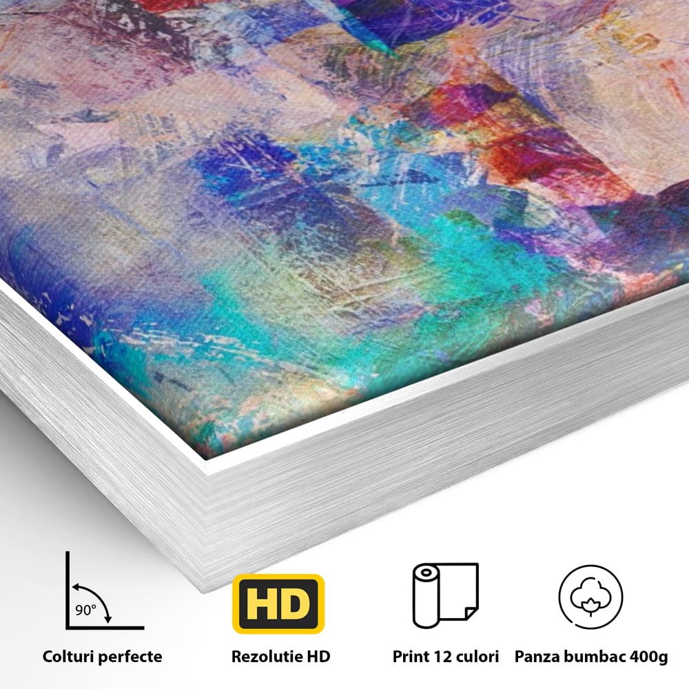 Detaliu al suprafetei: pictura abstracta cu pete colorate, in rama de aluminiu argintiu