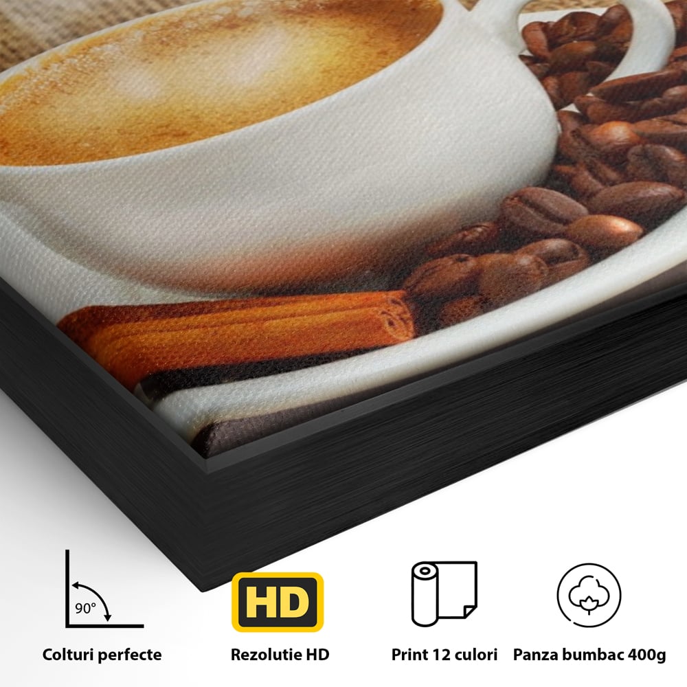 Detaliu al suprafetei: tablou canvas cu ceasca de cafea si scortisoara, in rama de aluminiu negru