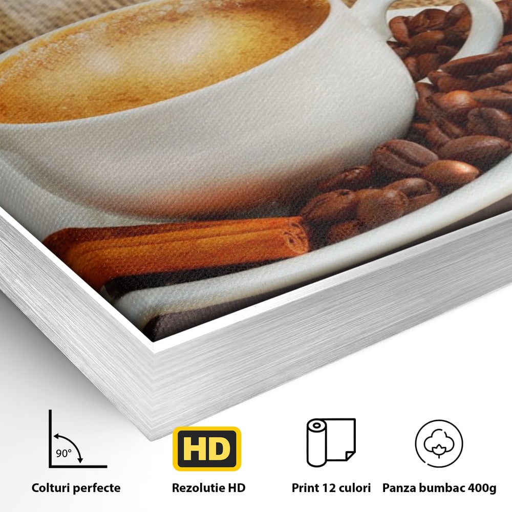 Detaliu al suprafetei: tablou canvas cu ceasca de cafea si scortisoara, in rama de aluminiu argintiu