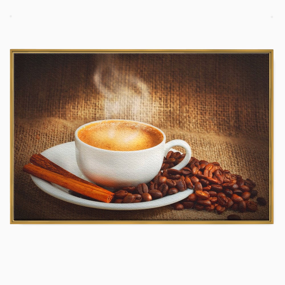 Tablou canvas cu tablou canvas cu ceasca de cafea si scortisoara, in rama de aluminiu auriu