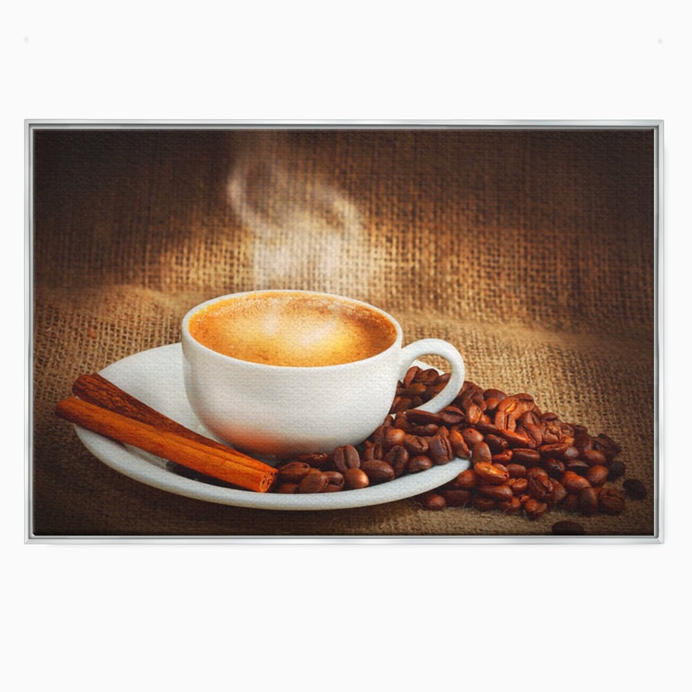 Tablou canvas cu tablou canvas cu ceasca de cafea si scortisoara, in rama de aluminiu argintiu