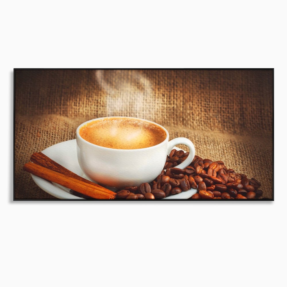 Tablou canvas cu tablou canvas cu ceasca de cafea si scortisoara, in rama de aluminiu negru