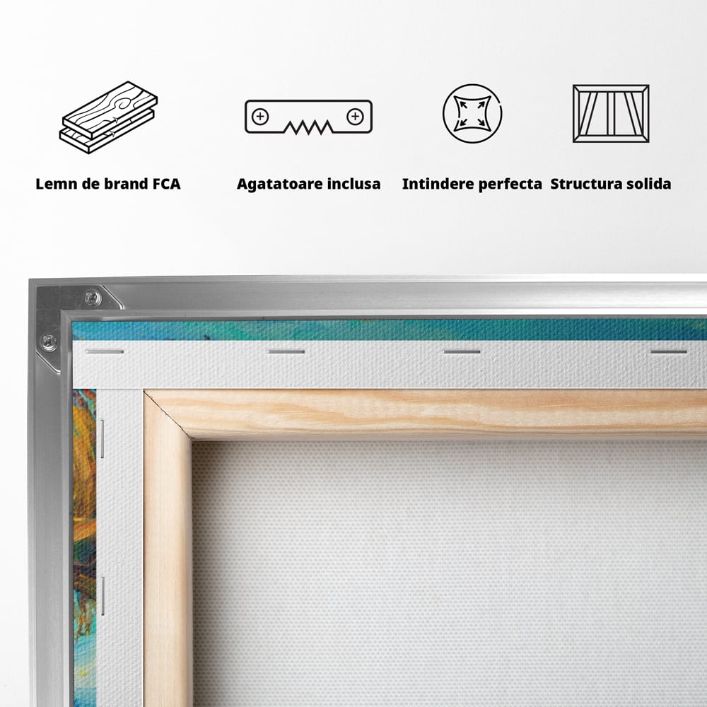 Spatele tabloului canvas, cu sasiu din lemn de brad, capse metalice si agatatoare, in rama de aluminiu argintiu