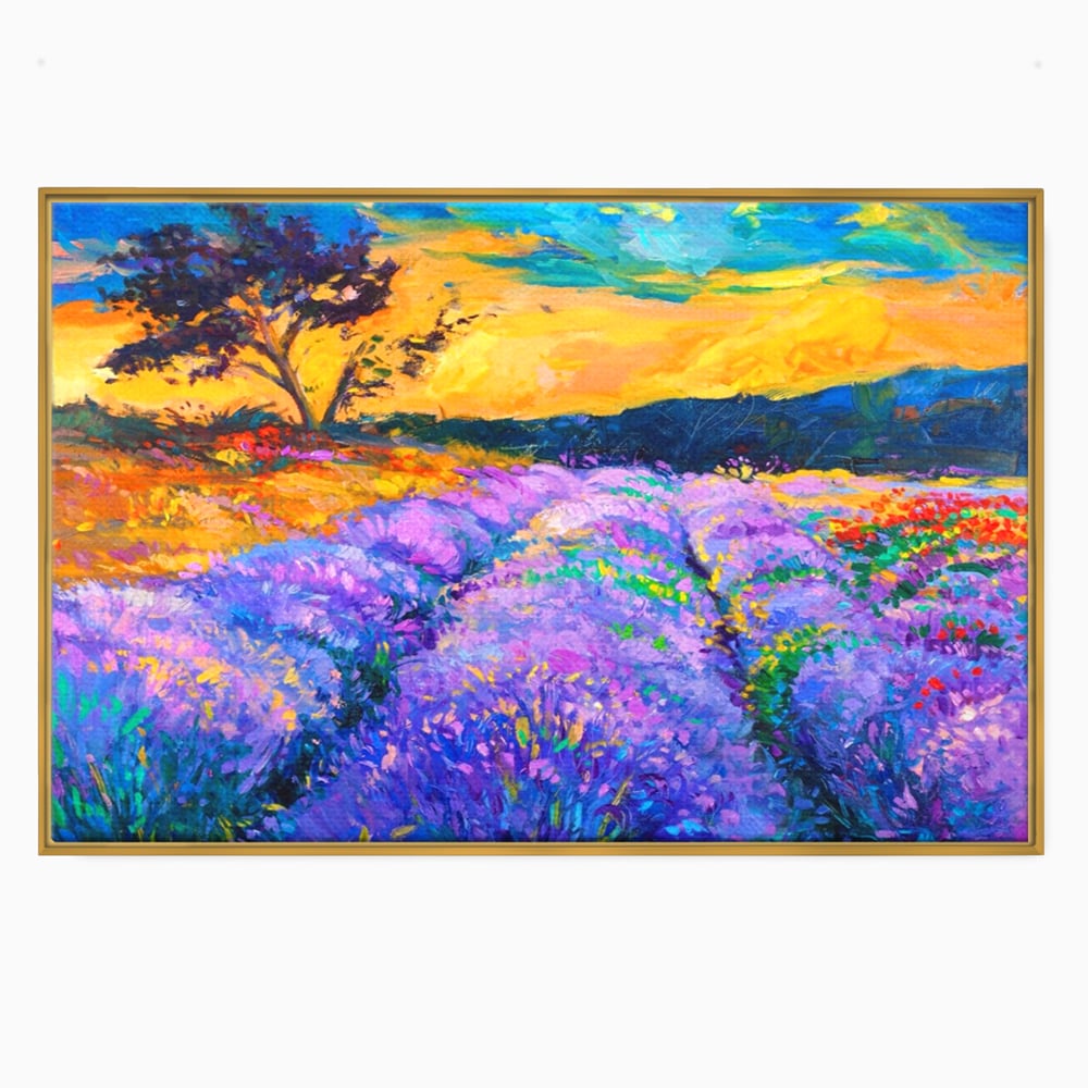 Tablou canvas cu pictura camp de lavanda la apus, in rama de aluminiu auriu