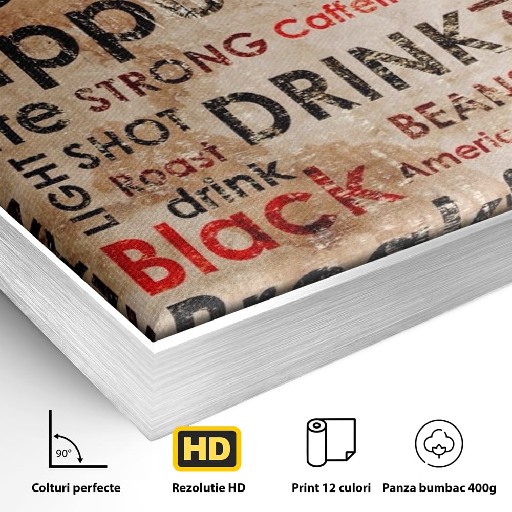 Detaliu al suprafetei: tablou canvas tipografie cafea, in rama de aluminiu argintiu