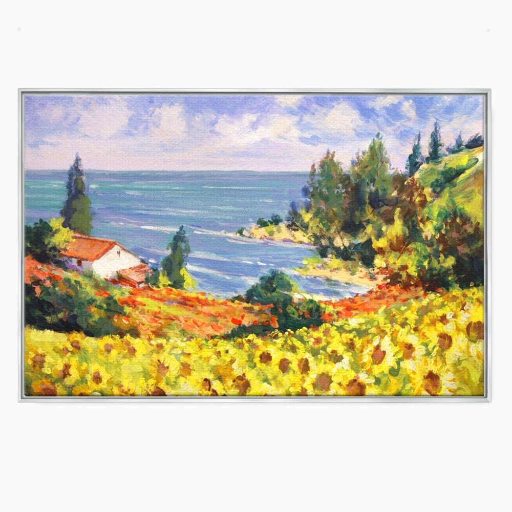 Tablou canvas cu pictura camp cu floarea soarelui si mare, in rama de aluminiu argintiu