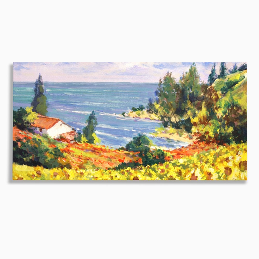 Tablou canvas cu pictura camp cu floarea soarelui si mare, fara rama, pe sasiu de lemn