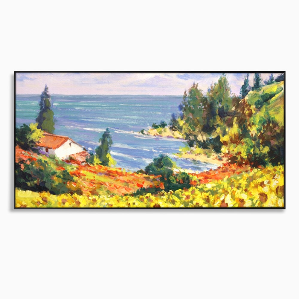 Tablou canvas cu pictura camp cu floarea soarelui si mare, in rama de aluminiu negru