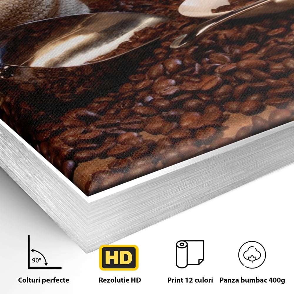 Detaliu al suprafetei: tablou cu cana de cafea si sac de iuta, in rama de aluminiu argintiu