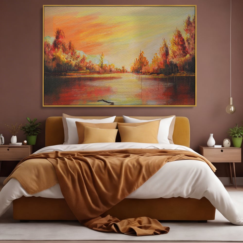 Tablou canvas cu pictura cu peisaj de toamna si lac, in rama de aluminiu auriu, pe perete intr-un dormitor