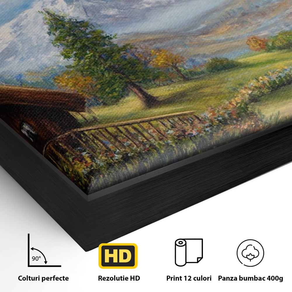 Detaliu al suprafetei: tablou canvas cu peisaj montan si cabana, in rama de aluminiu negru
