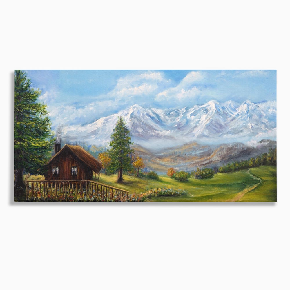Tablou canvas cu tablou canvas cu peisaj montan si cabana, fara rama, pe sasiu de lemn