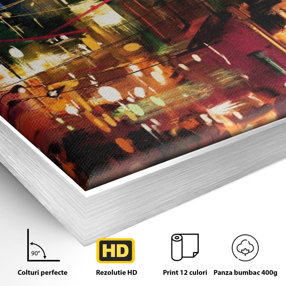 Detaliu al suprafetei: tablou canvas cu peisaj urban nocturn, in rama de aluminiu argintiu