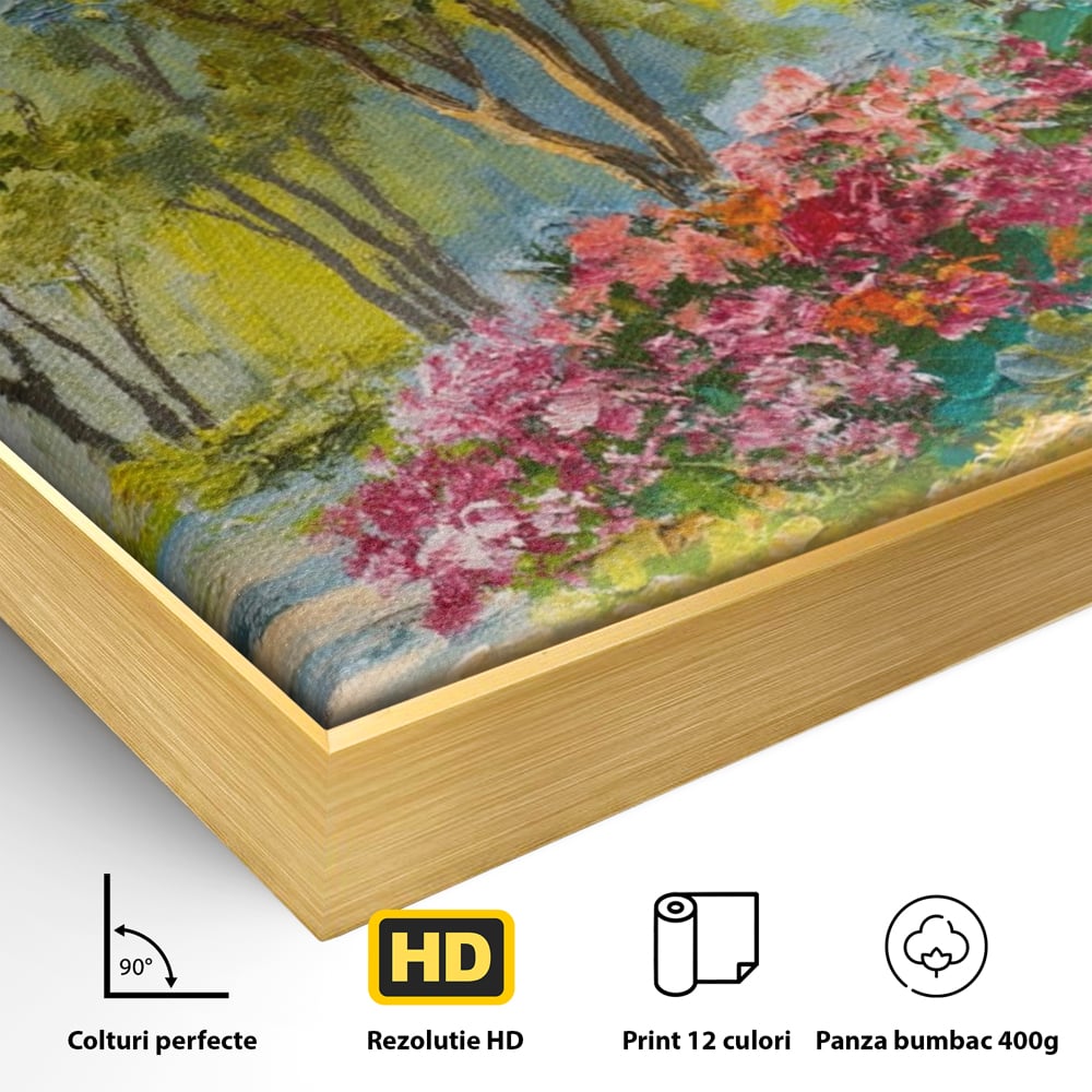 Detaliu al suprafetei: tablou canvas cu peisaj de vara si flori, in rama de aluminiu auriu