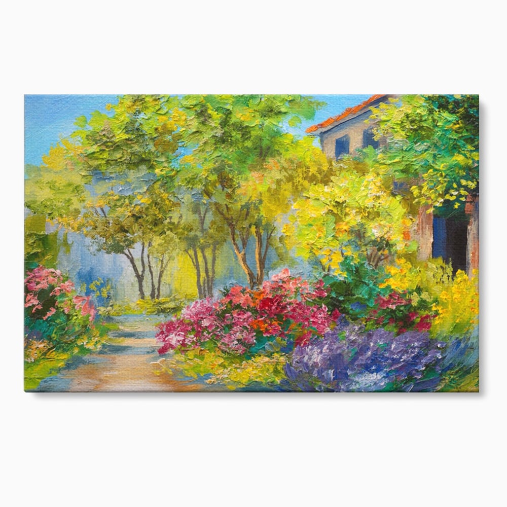 Tablou canvas cu tablou canvas cu peisaj de vara si flori, fara rama, pe sasiu de lemn