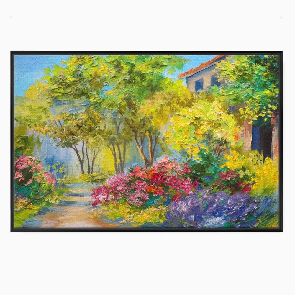 Tablou canvas cu tablou canvas cu peisaj de vara si flori, in rama de aluminiu negru