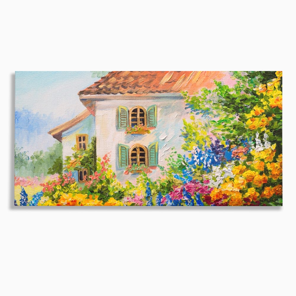 Tablou canvas cu pictura cu casa alba si flori, fara rama, pe sasiu de lemn