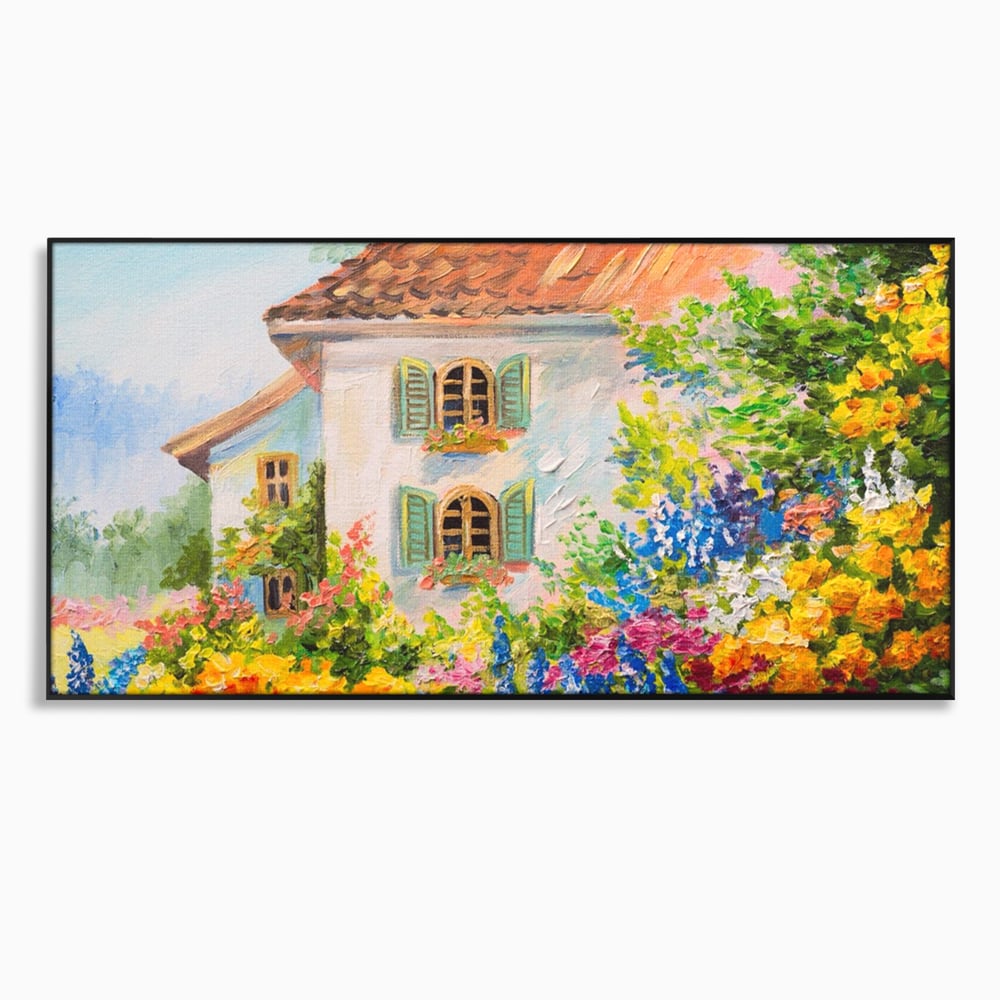 Tablou canvas cu pictura cu casa alba si flori, in rama de aluminiu negru