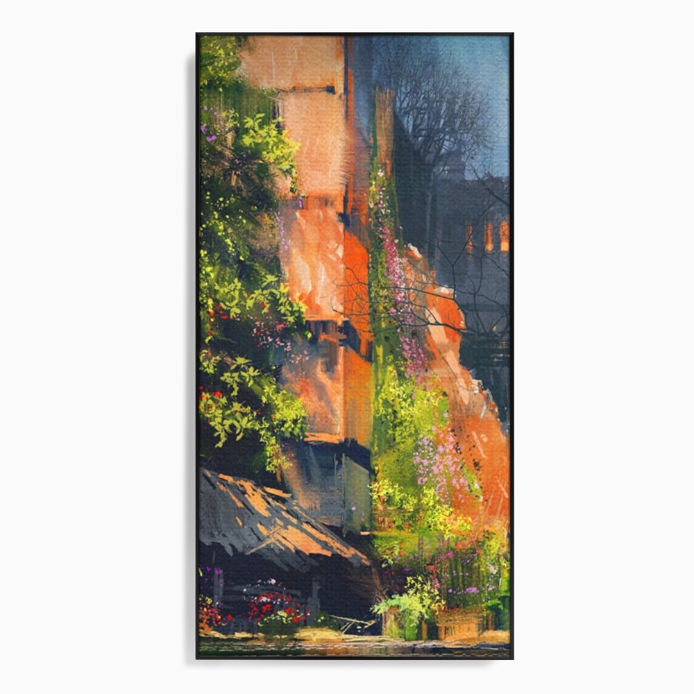 Tablou canvas cu pictura verticala cu ziduri vechi si flori, in rama de aluminiu negru