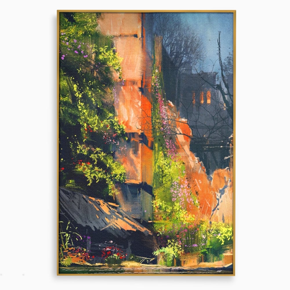 Tablou canvas cu pictura verticala cu ziduri vechi si flori, in rama de aluminiu auriu