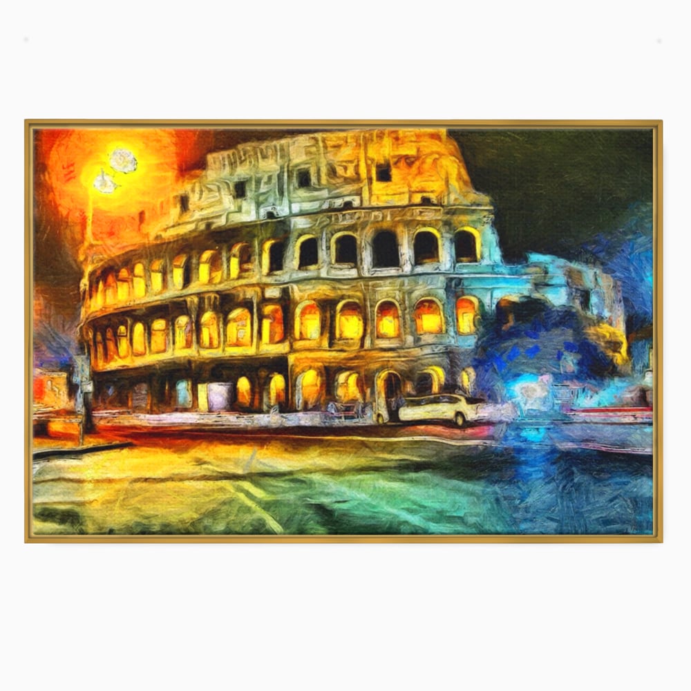 Tablou canvas cu pictura digitala cu colosseumul din roma noaptea, in rama de aluminiu auriu