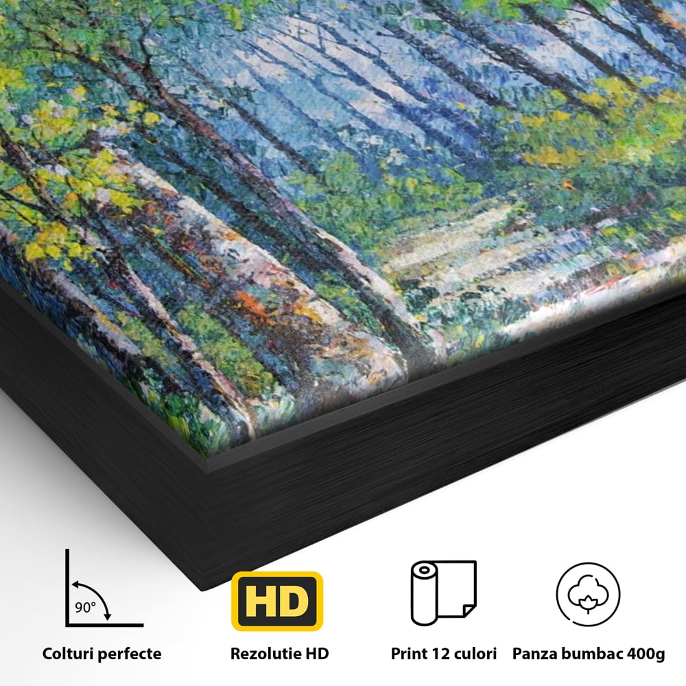 Detaliu al suprafetei: tablou canvas cu peisaj de padure, in rama de aluminiu negru