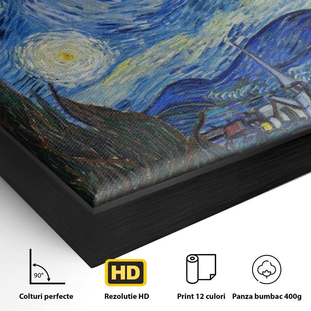 Detaliu al suprafetei: reproducere pictura noapte instelata van gogh, in rama de aluminiu negru